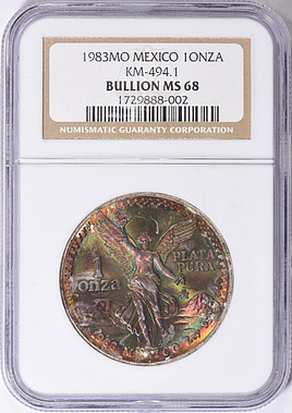 Mexico 1983-Mo Silver Onza Libertad KM-494.1 NGC MS-68 (Toned