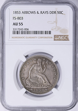1853 Seated Liberty Half Dollar Arrows and Rays, DDR FS-803 NGC AU