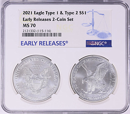 2021 $1 Silver Eagle Type 1 and 2 Early Releases NGC MS-70 (2