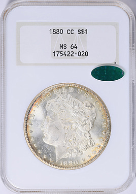1880-CC Morgan Silver Dollar NGC MS-64 (CAC Green) OH (Toned