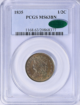 1835 Classic Half Cent PCGS MS-63 BN (CAC Green) (Item 2075310