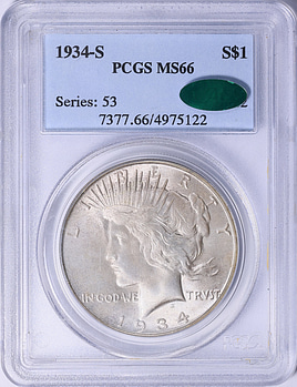1934-S Peace Silver Dollar PCGS MS-66 (CAC Green) (Item 2079860