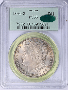 1894-S Morgan Silver Dollar PCGS MS-66 (CAC Green) OGH (Toned