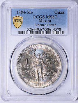 Mexico 1984-Mo Silver Onza Libertad KM-494.1 PCGS MS-67 (Toned