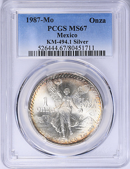 Mexico 1987-Mo Silver Onza Libertad KM-494.1 PCGS MS-67 (Toned
