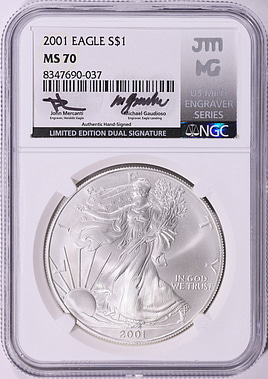 2001 $1 Silver Eagle NGC MS-70 (Limited Edition Dual Signature
