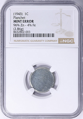コレクション coindot Mint Error ND (1943) Lincoln Cent Planchet 96% Zinc, 4% Iron NGC