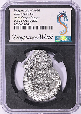 明治25年 新1円銀貨 Flame Overlaps 3rd Spine NGC Fiji 2025 Silver Dollar Dragons of the World, Aztec-Mayan Dragon