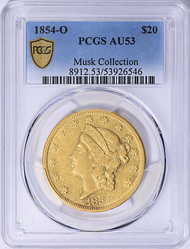 1854-O Liberty Gold Double Eagle PCGS AU-53 (Musk Collection