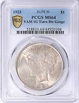 1923 Peace Silver Dollar Tiara Die Gouge VAM-1G PCGS MS-64 (Toned