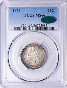 1876 Seated Liberty Quarter PCGS MS-66 (CAC Green) (Toned) (Item