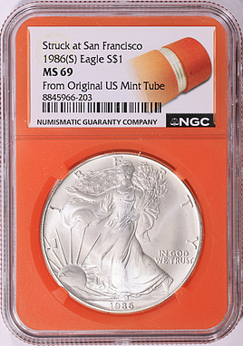 1986-(S) $1 Silver Eagle Struck at San Francisco NGC MS-69 (Orange