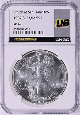 1987-(S) $1 Silver Eagle Struck at San Francisco NGC MS-69 (Ultra