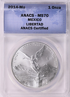 Mexico 2014-Mo Silver Onza Libertad KM-639 ANACS MS-70 (Item