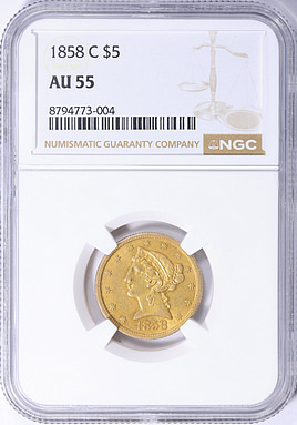 1873年 OPEN 3 $5 リバティ 金貨 NGC AU 55/NGC-14 1873年 OPEN 3 リバティ 金貨 NGC AU 55/NGC-14 1873年 OPEN 3