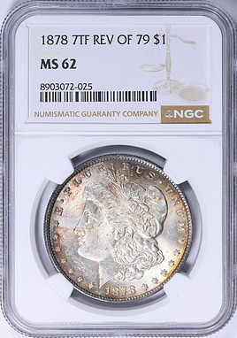 1878 7TF Morgan Silver Dollar Reverse of 1879 NGC MS-62 (Toned