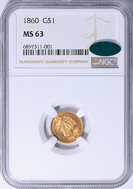 1860 Indian Princess Gold Dollar NGC MS-63 (CAC Green) (Item