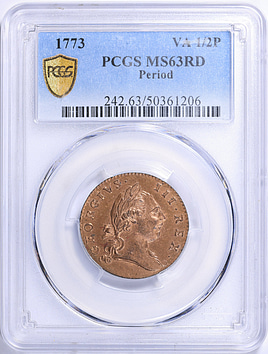 インドネシア　未発行ジャワ　10銭　PCGS MS62 希少　レア　オランダ領東 1773 Virginia Halfpenny Period PCGS MS-63 RD (Item 2244067