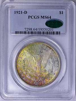 1921-D Morgan Silver Dollar PCGS MS-64 (CAC Green) (Toned) (Item