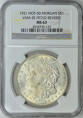1921 Morgan Silver Dollar VAM-3E Pitted Reverse Hot 50 NGC MS-63
