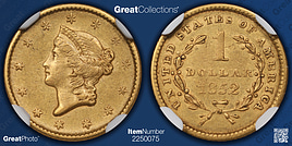 1873年 OPEN 3 $5 リバティ 金貨 NGC AU 55/NGC-14 1852 Liberty Gold Dollar NGC AU-55 (Item 2250075