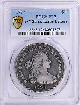 1797 Draped Bust Silver Dollar 9x7 Stars, Large Letters PCGS F-12