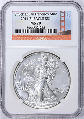 2011-(S) $1 Silver Eagle Struck at San Francisco NGC MS-70 (Golden