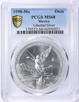 Mexico 1998-Mo Silver Onza Libertad KM-613 PCGS MS-68 (Item
