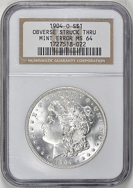 NGC-UNC 洗浄　1904A　ドイツ　メクレンブルク・シュバーリン　銀貨 Mint Error 1904-O Morgan Silver Dollar Obverse Struck Through NGC