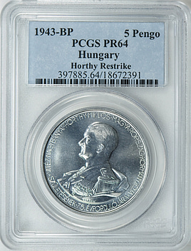 Hungary 1943-BP Silver 5 Pengo Horthy Restrike PCGS Proof-64 (Item