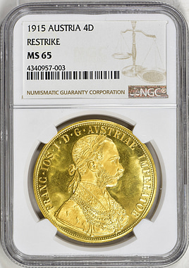 Austria 1915 Gold 4 Ducat Restrike KM-2276 NGC MS-65 (AGW = 0.4426