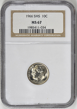 1966 Roosevelt Dime SMS NGC MS-67 (Item 399182) | GreatCollections