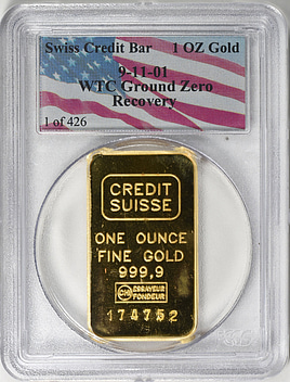 Swiss Credit Suisse 1 oz. Gold Bar WTC World Trade Center Ground