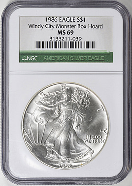 1986 $1 Silver Eagle NGC MS-69 (Windy City Monster Box Hoard