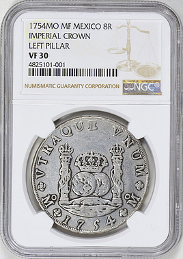 Mexico 1754-Mo MF Silver 8 Reales Imperial Crown Left Pillar KM