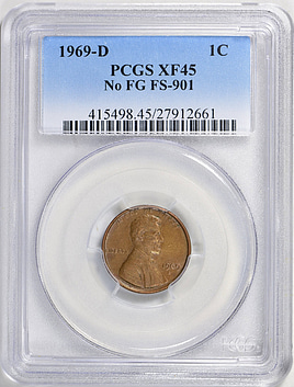 1969-D Lincoln Cent No FG FS-901 PCGS XF-45 BN (Item 658062