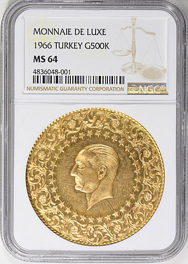 Turkey 1966 Gold 500 Kurush KM-874 NGC MS-64 (AGW = 1.0342 oz