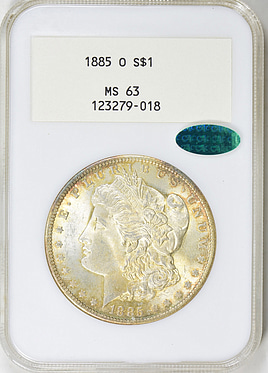 1885-O Morgan Silver Dollar NGC MS-63 (CAC Green) OH (Early White