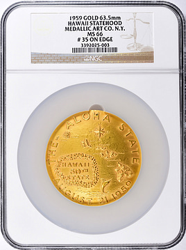 1959 Gold 63.5mm Hawaii Statehood Medal Serial #35 on Edge NGC MS