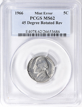 Mint Error 1966 Jefferson Nickel 45 Degree Rotated Reverse PCGS MS