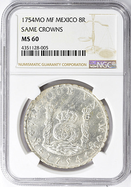 Mexico 1754-Mo MF Silver 8 Reales Same Crowns NGC MS-60 (Item
