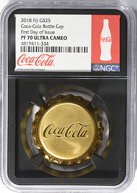 Fiji 2018 Gold $25 Coca-Cola Bottle Cap First Day of Issue NGC