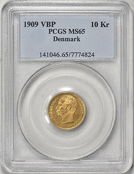 Denmark 1909-VBP GJ Gold 10 Kroner KM-809 PCGS MS-65 (AGW = 0.1296