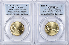 Mint Error 2011-P Sacagawea Dollar Wampanoag Treaty, Weak Edge