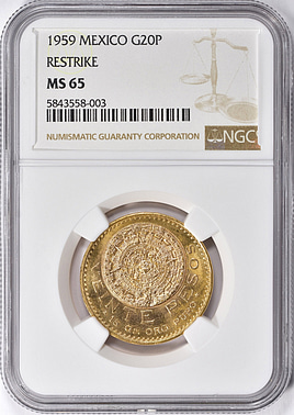 Mexico 1959 Gold 20 Pesos Restrike KM-478 NGC MS-65 (AGW = 0.4822