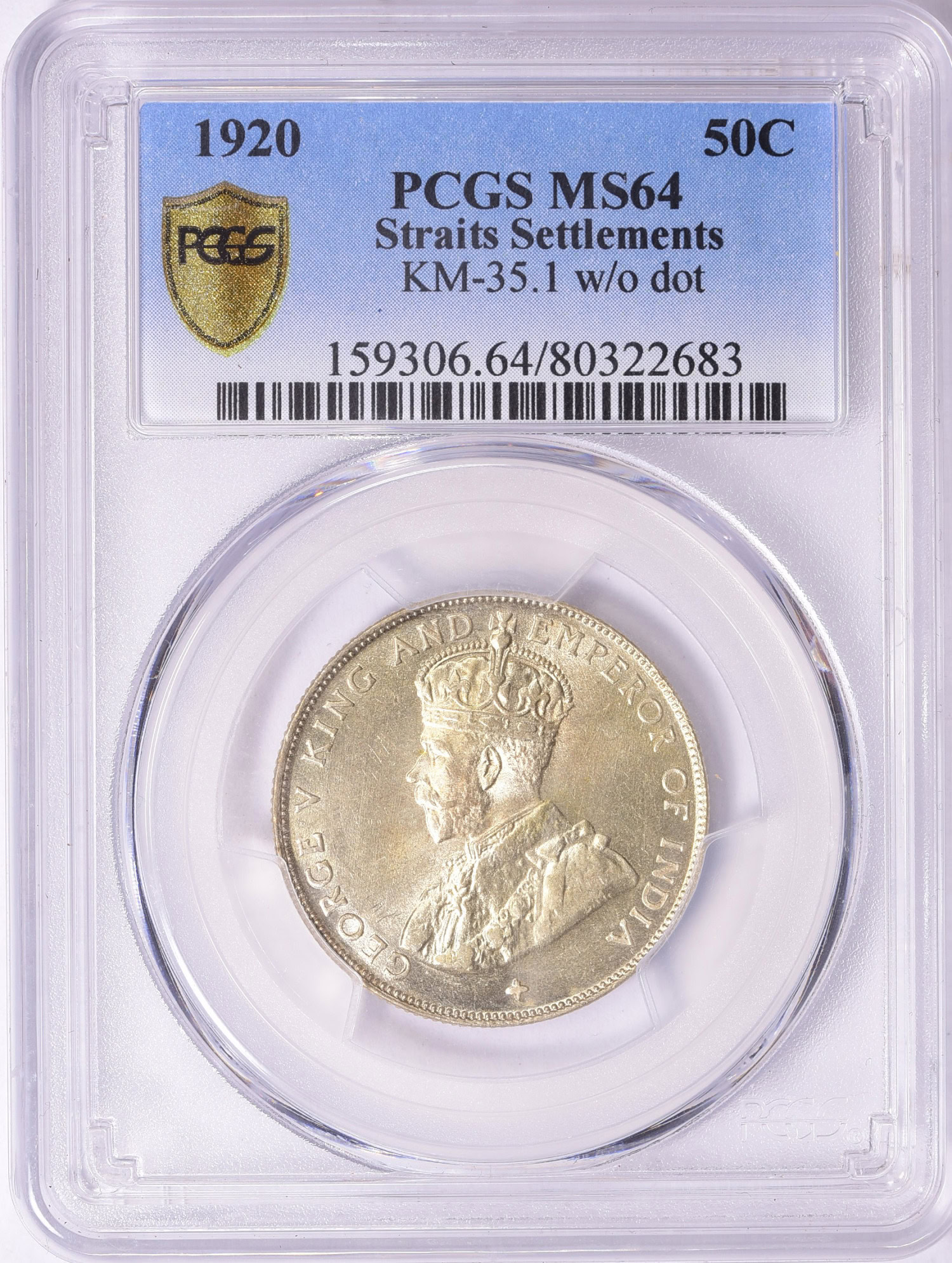 Straits Settlements 1920 Silver 50 Cents With Cross Below KM35.1 PCGS