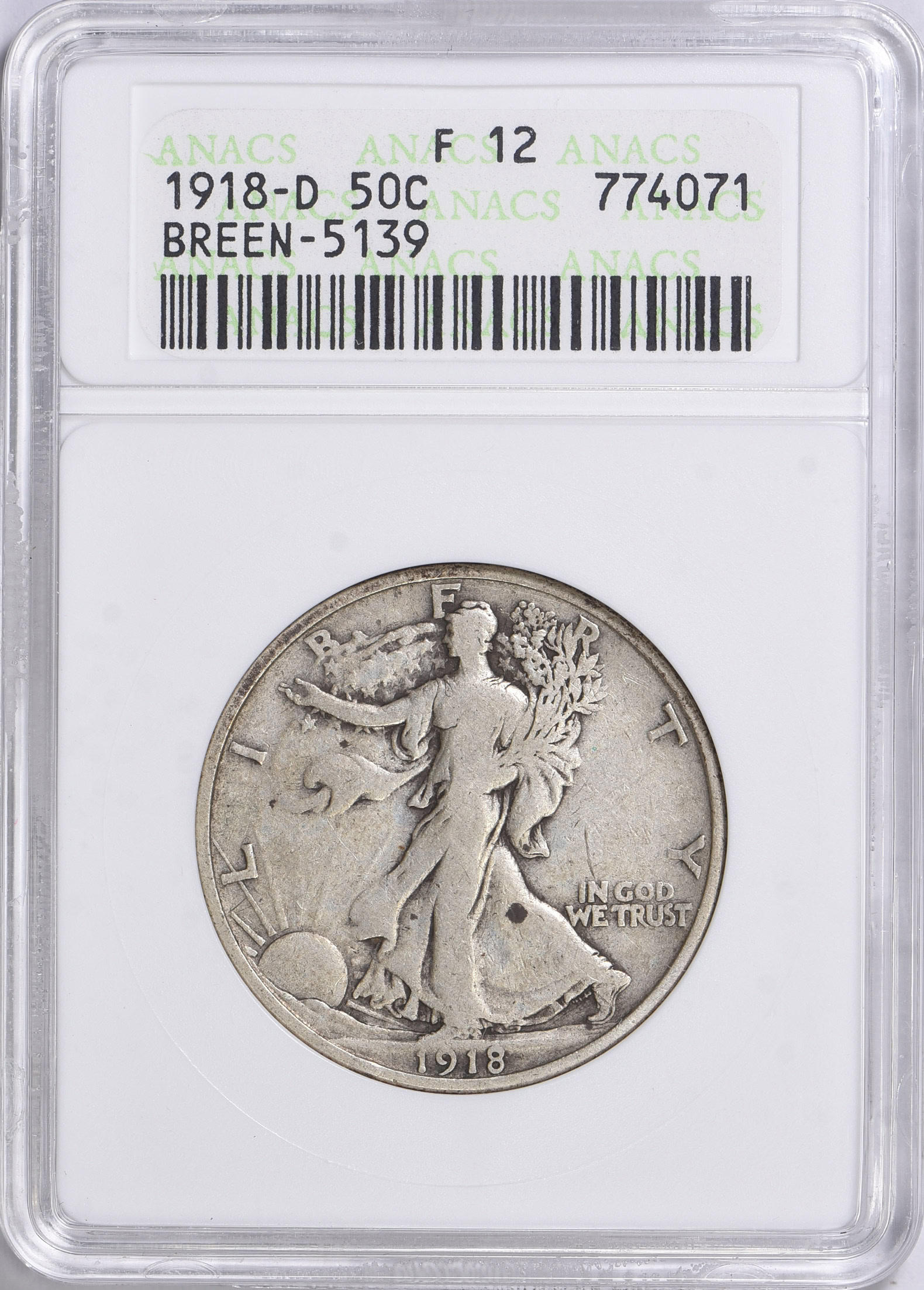1918-D Walking Liberty Half Dollar Breen-5139 ANACS F-12 OH (Item ...