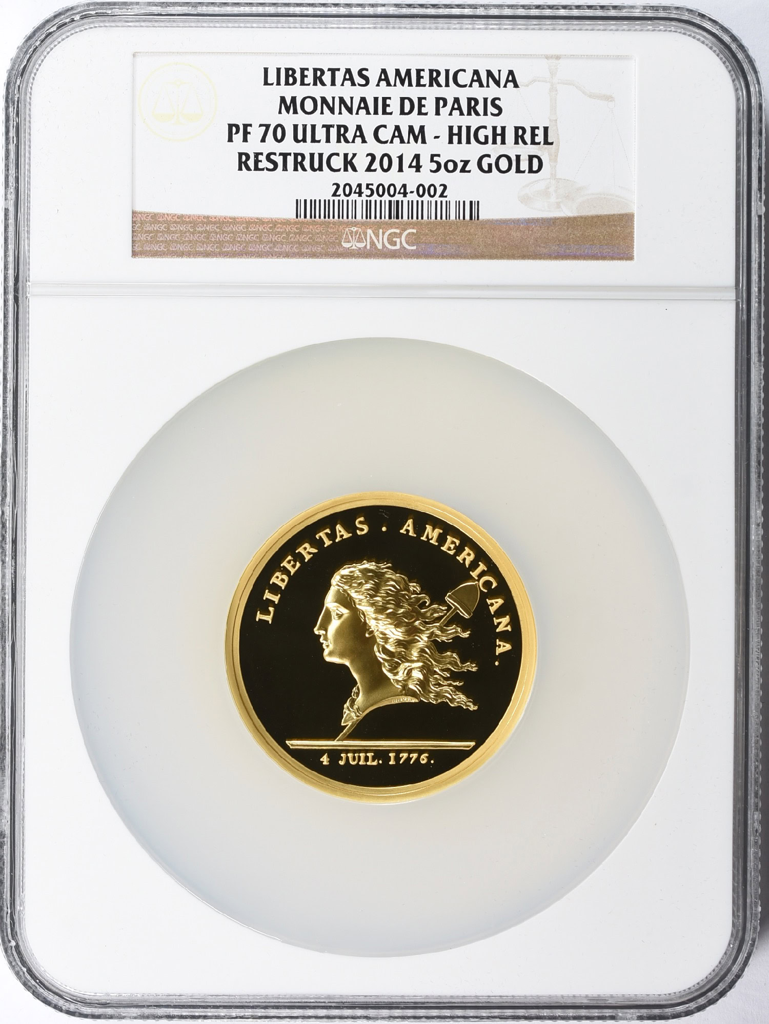 France 1781 (Restruck 2014) Gold 5oz. Libertas Americana High Relief