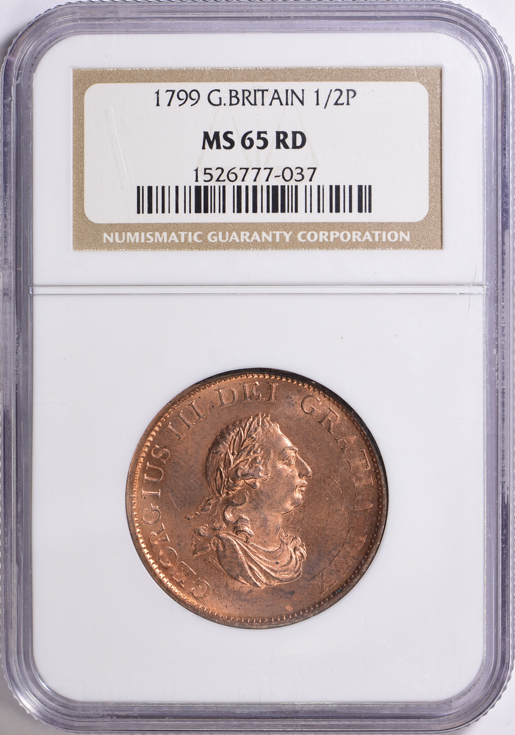 Great Britain 1799 1/2 Penny KM-647 NGC MS-65 RD (Item 1609076 ...