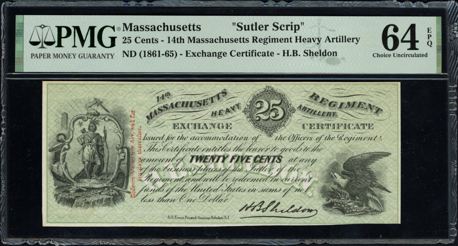 1860s Massachusetts 14th Regiment Heavy Artillery 25 Cents Exchange ...